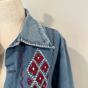 Vintage Embroidered Denim Shirt with Red Floral Design